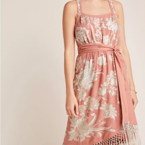 Anthropologie Lucille Dress Fringe Floral Tasseled Embroidered Bohemian Sz 10P - Picture 1 of 9